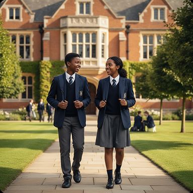 Two students walking together on a boarding school campus