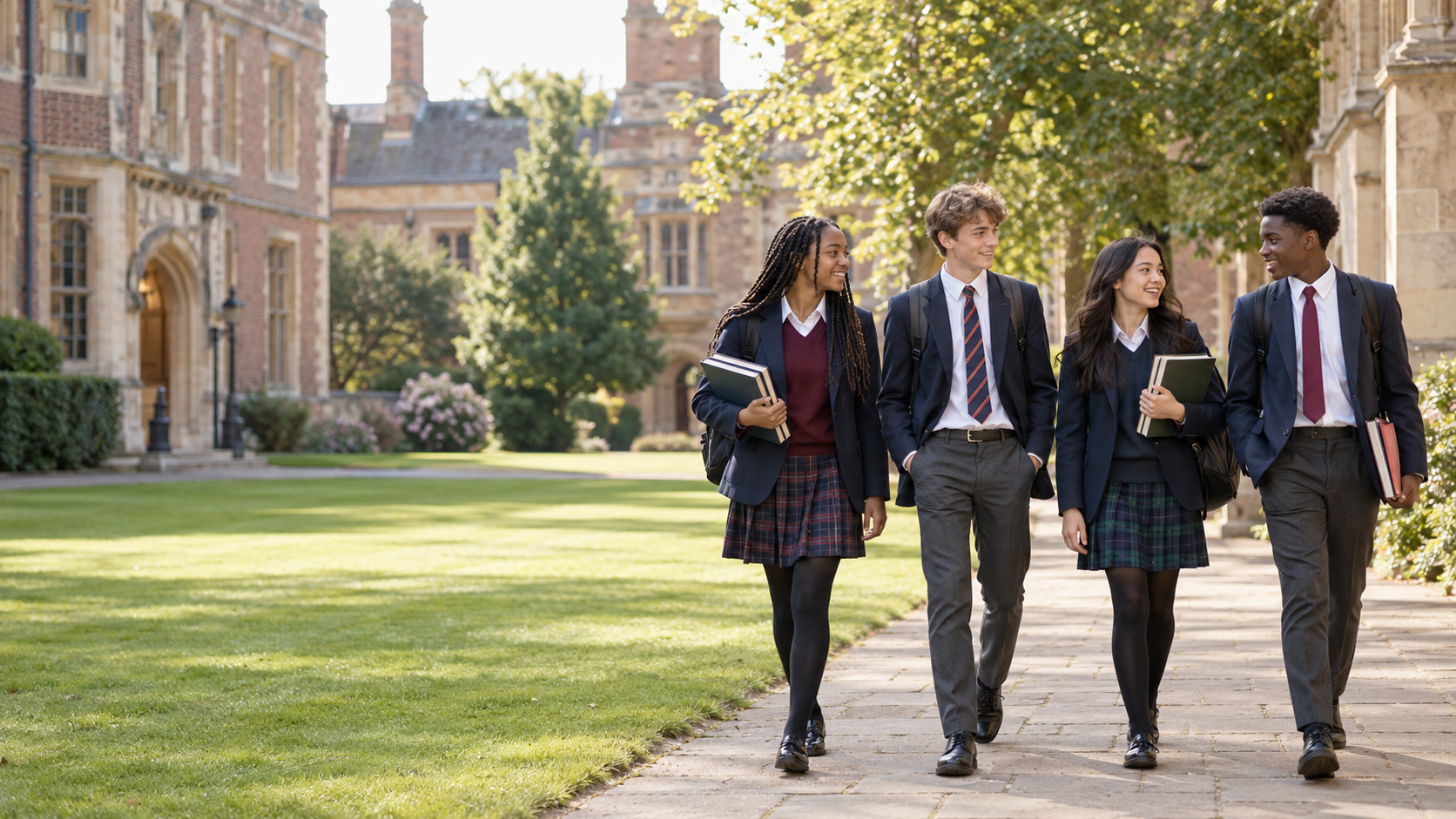 Boarding school pupils walking through a school campus