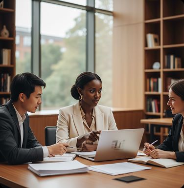 Postgraduate students collaborating during an academic discussion
