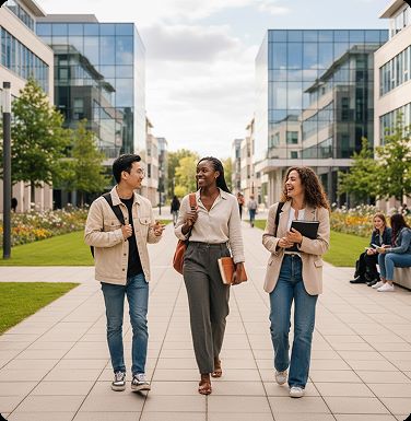 Undergraduate students walking together on a university campus
