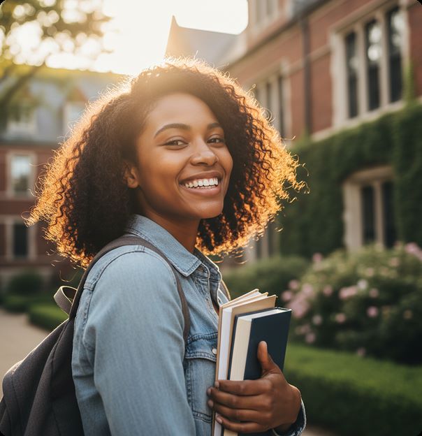 Smiling university student carrying books and a backpack on campus